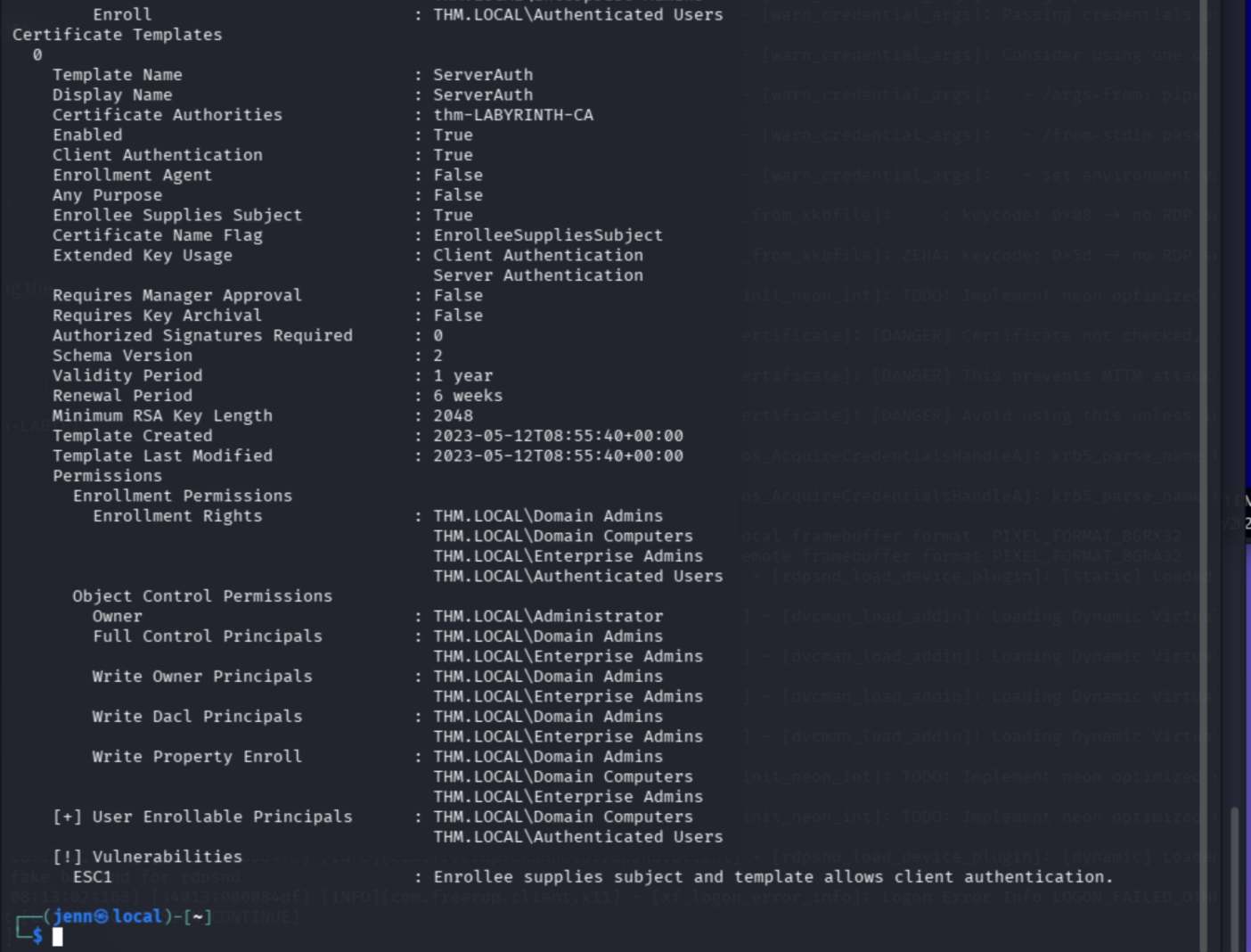 ESC1 detail — EnrolleeSuppliesSubject: True, Authenticated Users enrollment rights